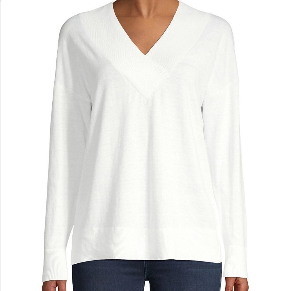 Pure Navy White V-Neck Cotton-Blend Sweater